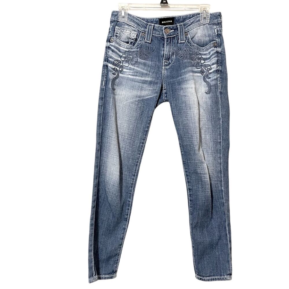 Big Star Light Wash Floral Embroidered Mid Rise Cropped Jeans Womens 26 Blue